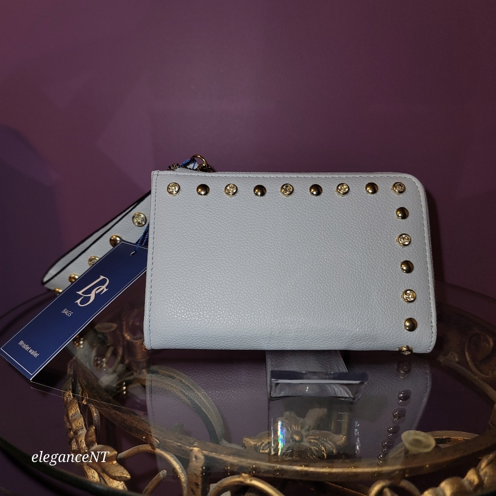 DS Bags Light Blue Studded wristlet wallet clutch with gem studded border NWT - Picture 9 of 11
